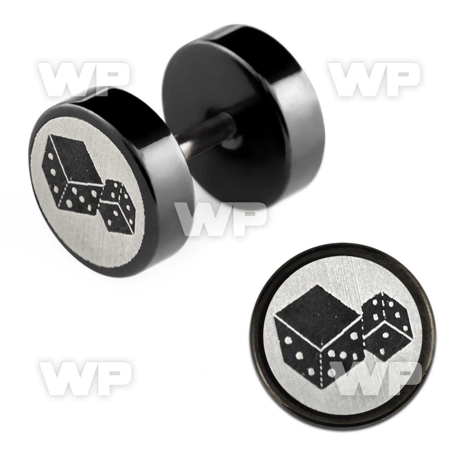 8mb3t black steel fake plug laser edged dice logo on one of the belly piercing