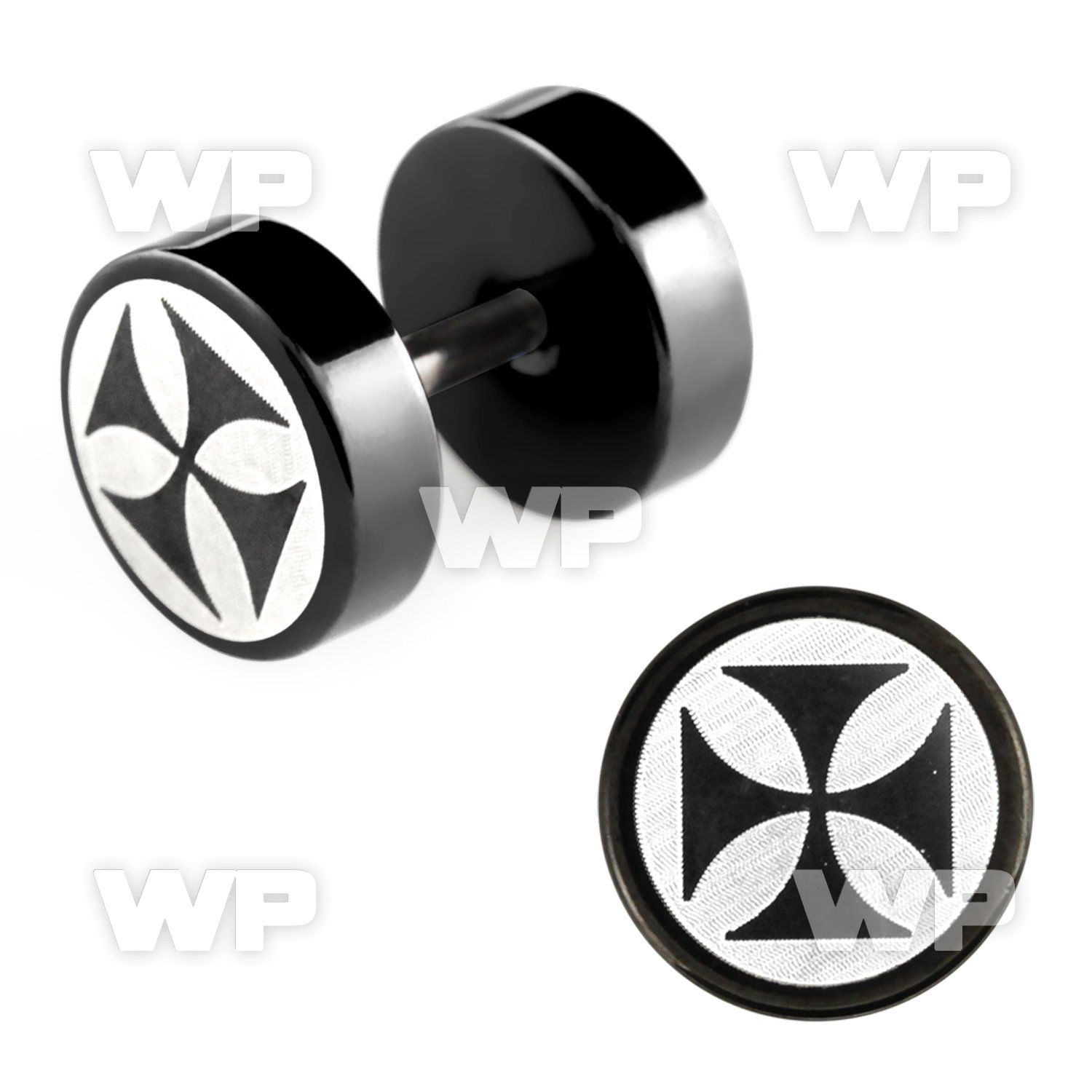 8mb3z black steel fake plug laser edged cross logo on one of ear lobe piercing