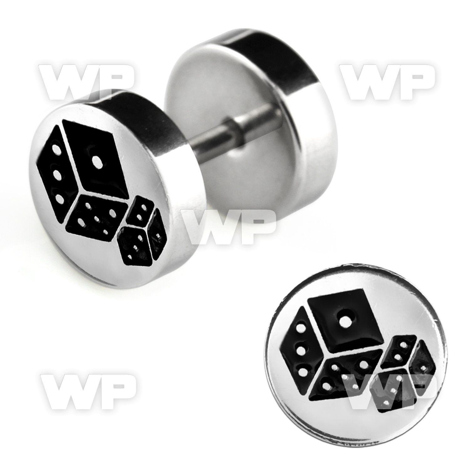 8me0 steel fake plug laser edged dice logo on one of the sides belly piercing
