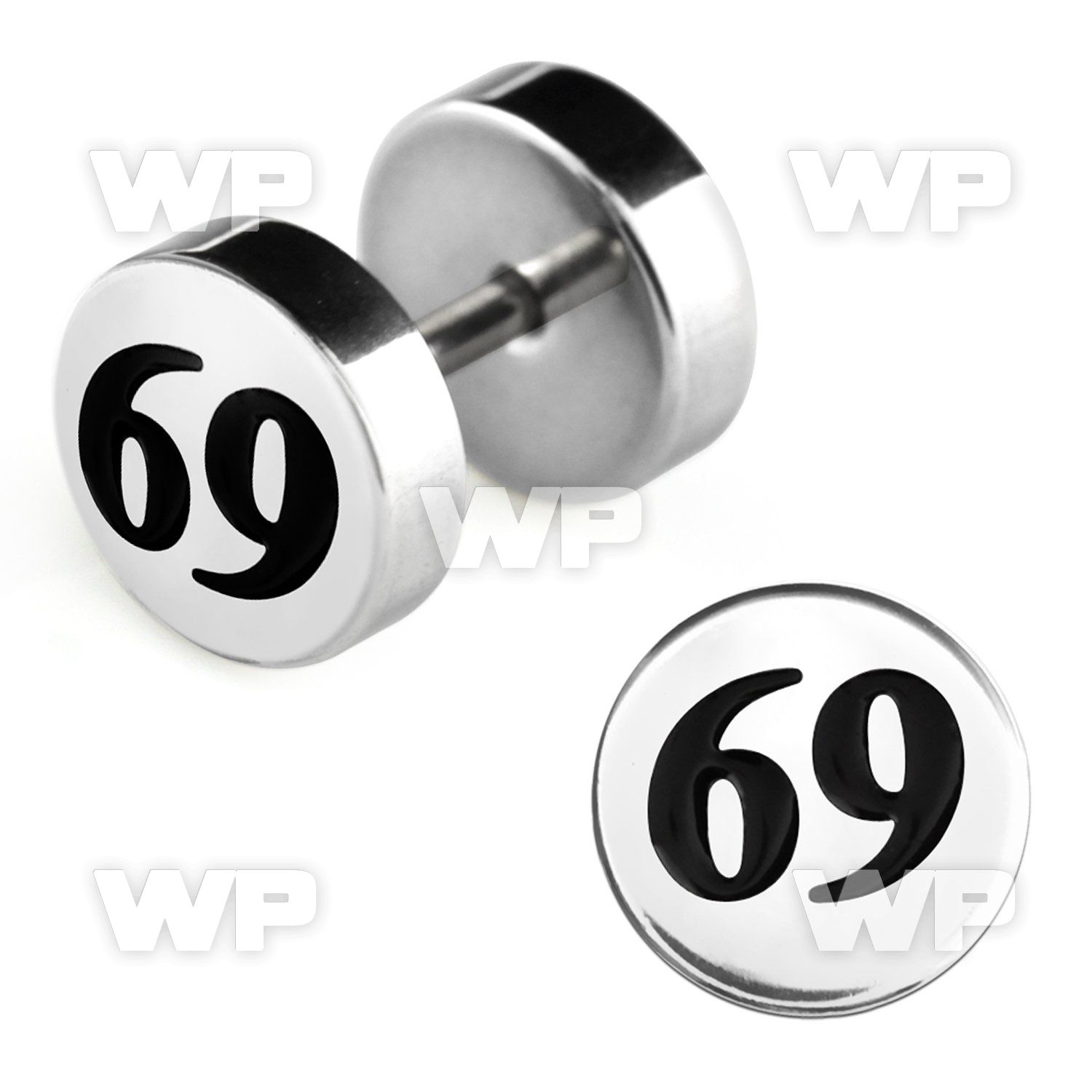 8mek steel fake plug laser edged 69 logo on one of the sides belly piercing