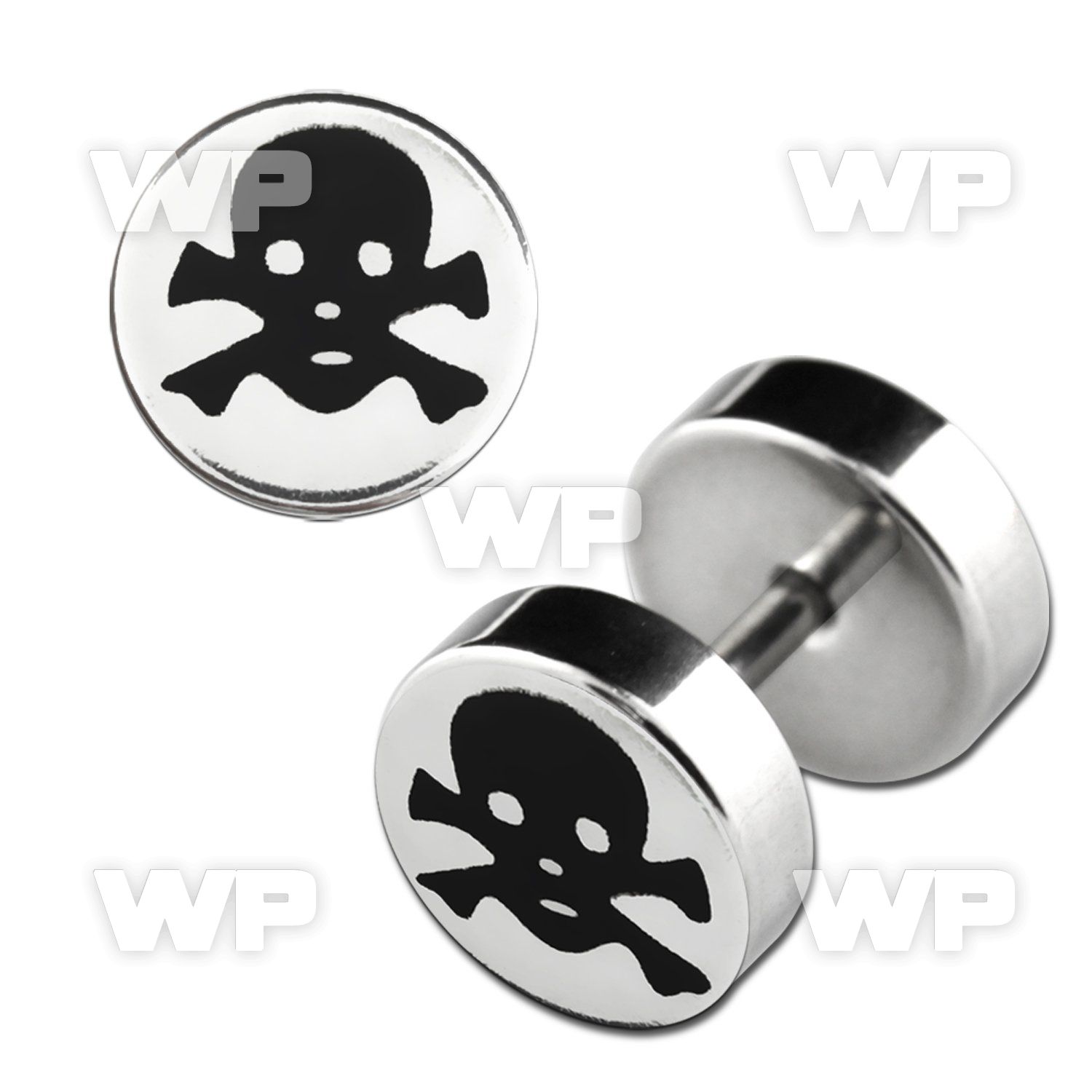 8mep steel fake plug laser edged skull bones logo on one sid ear lobe piercing