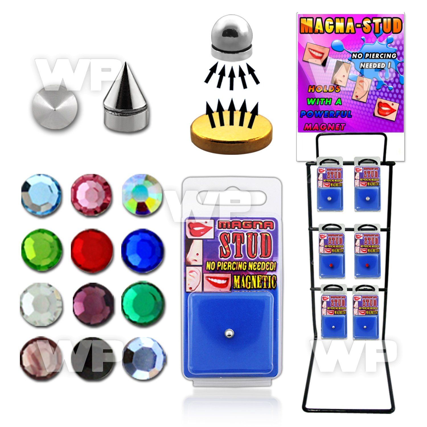 a2ji rack w of assorted crystal ball cone magna studs in belly piercing