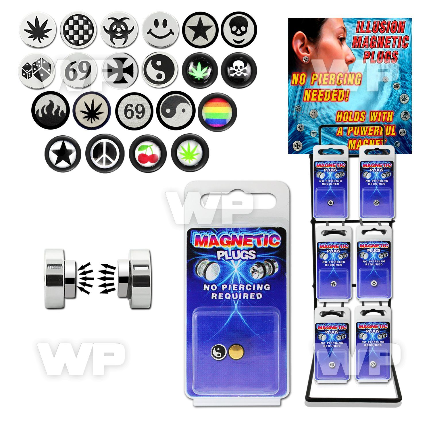 a2jjmy rack w magnetic steel fake cheater plugs mixed logos in belly piercing