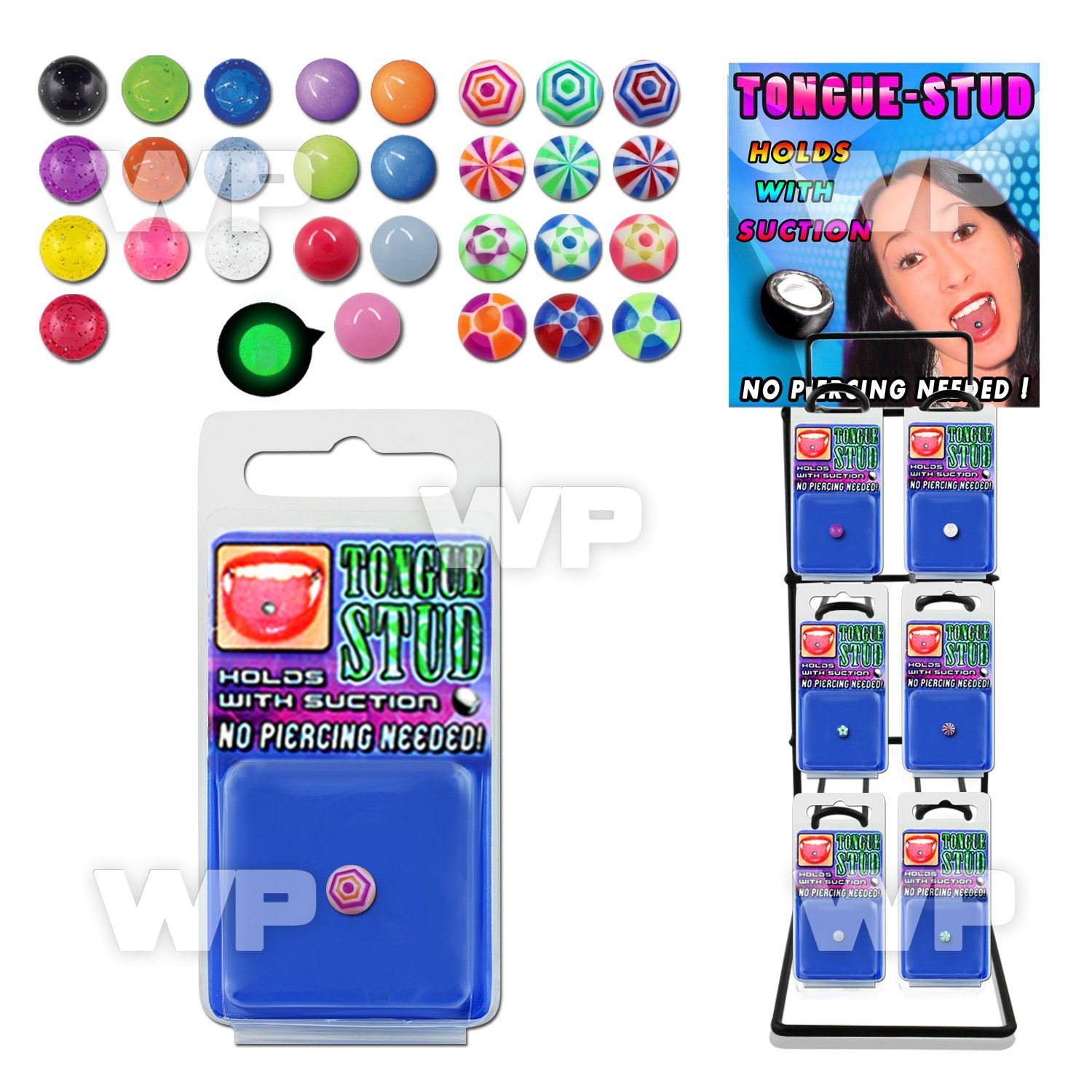 a2ri rack w of assorted fake tongue studs hold suction in belly piercing