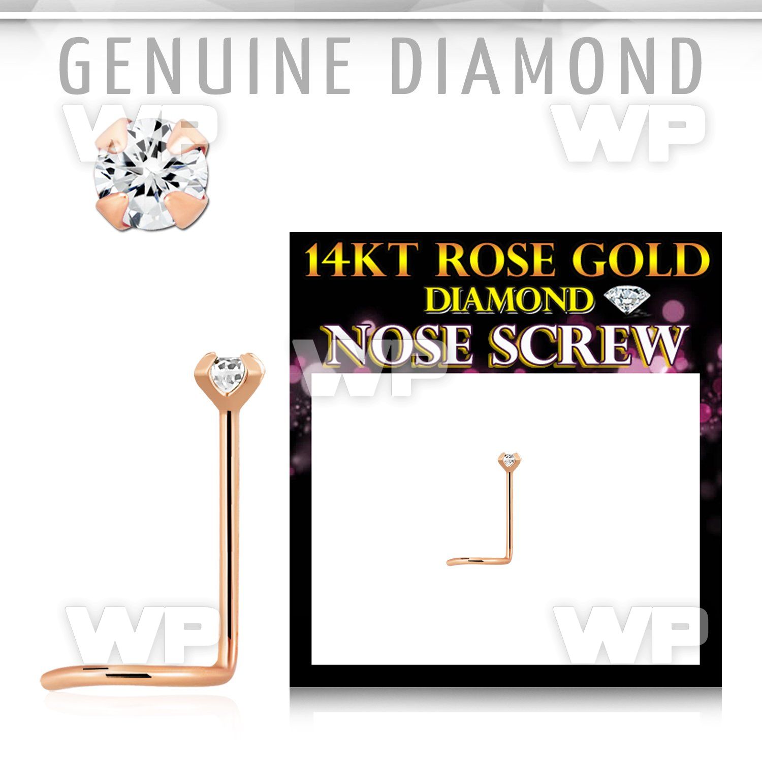 a3614e 14kt rose gold nose screw w 1.5mm clear prong set diamond