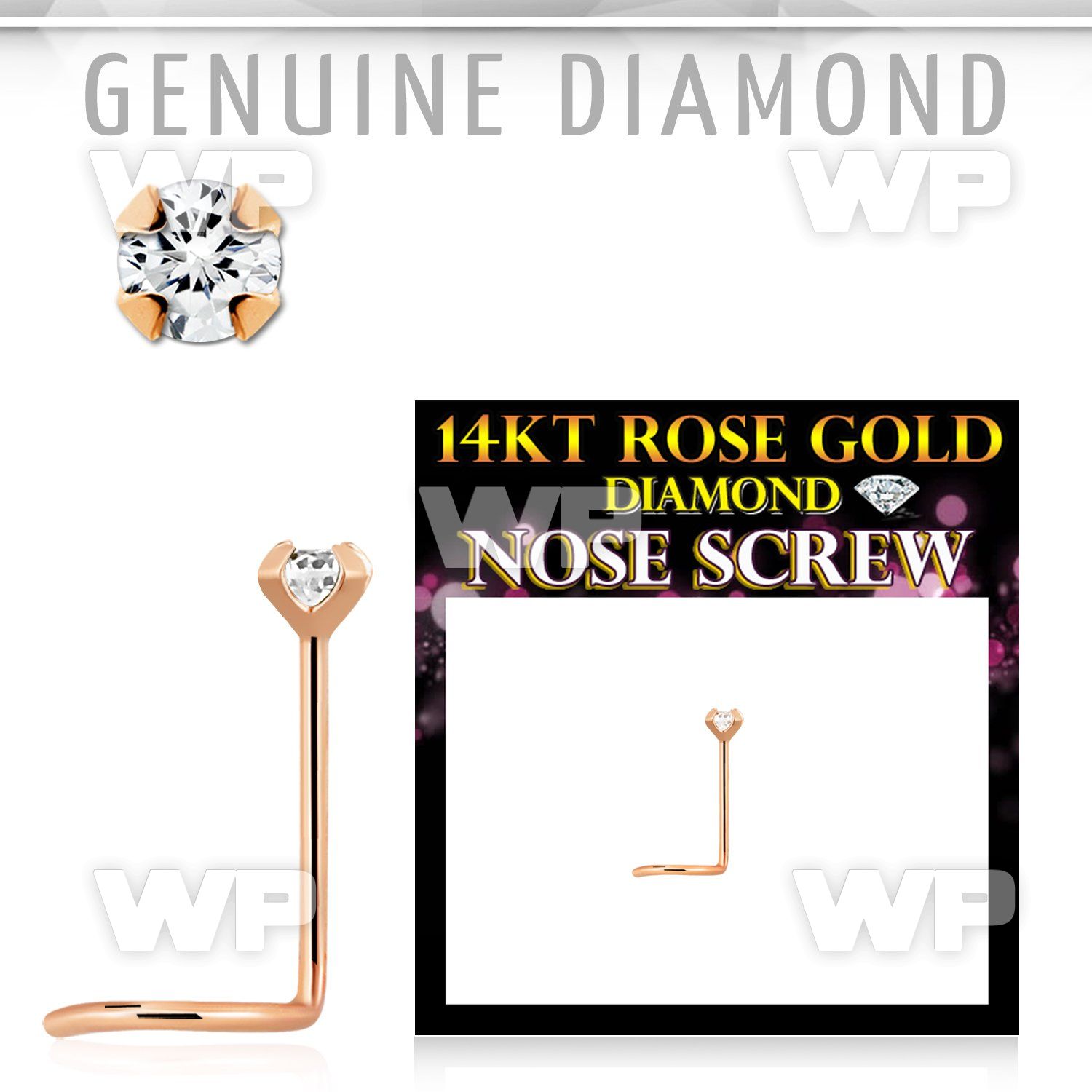 a3614k genuine diamond 14k rose gold nose screw 2mm prong set round diamond
