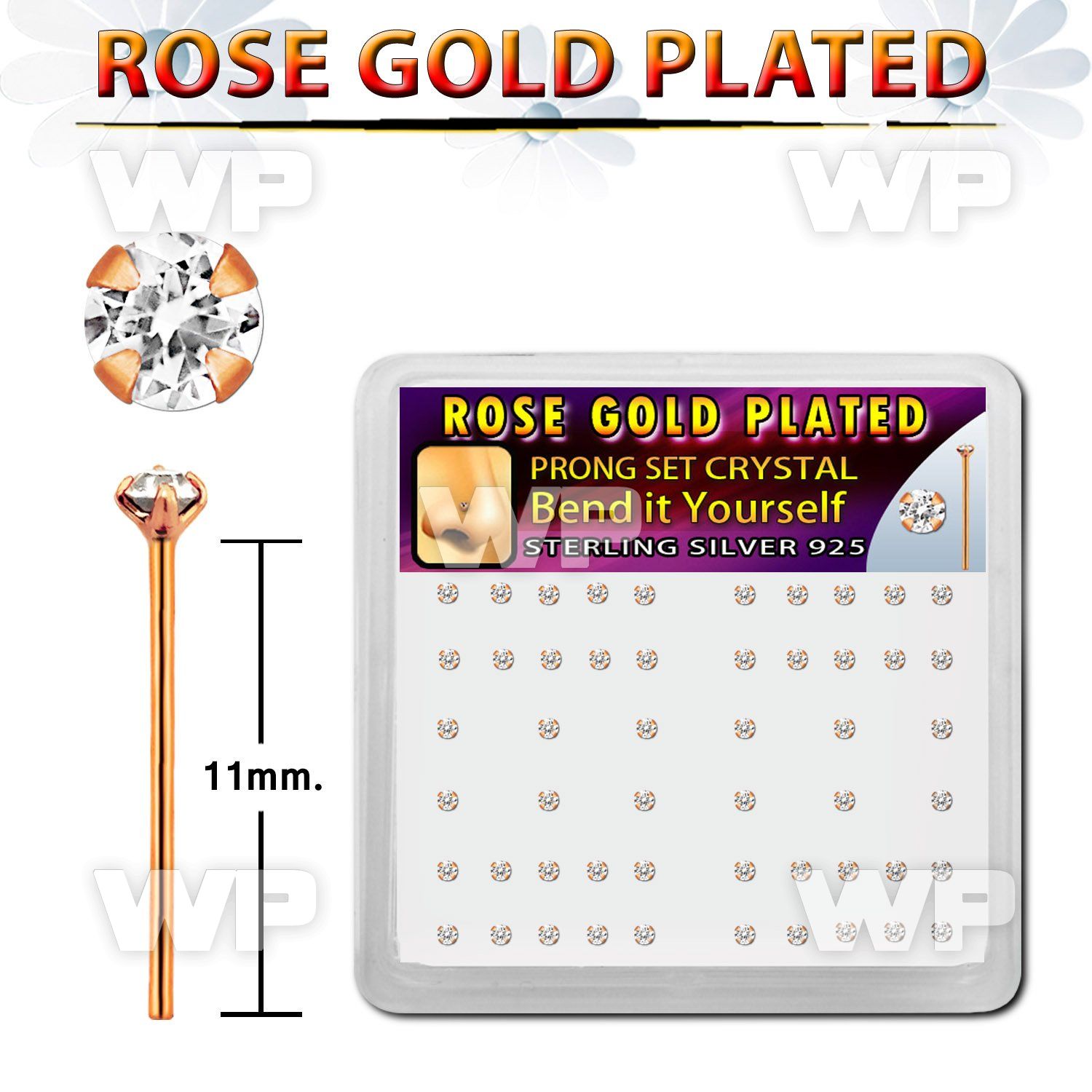 a3nme0f6 box with of silver 925 bend it nose studs 0 6mm rose nose piercing