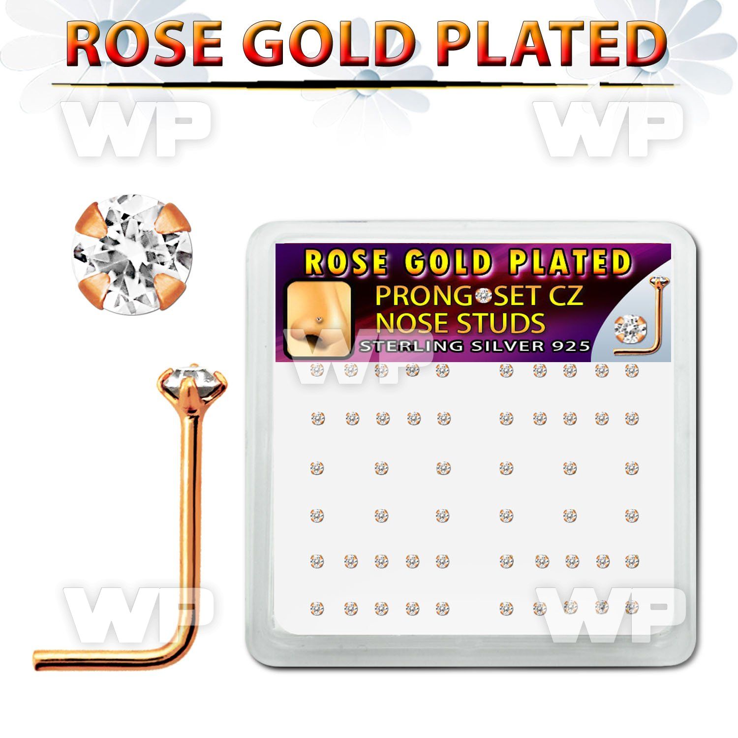 a3u3g46 box w silver 925 l shaped nose studs rose gold plated nose piercing