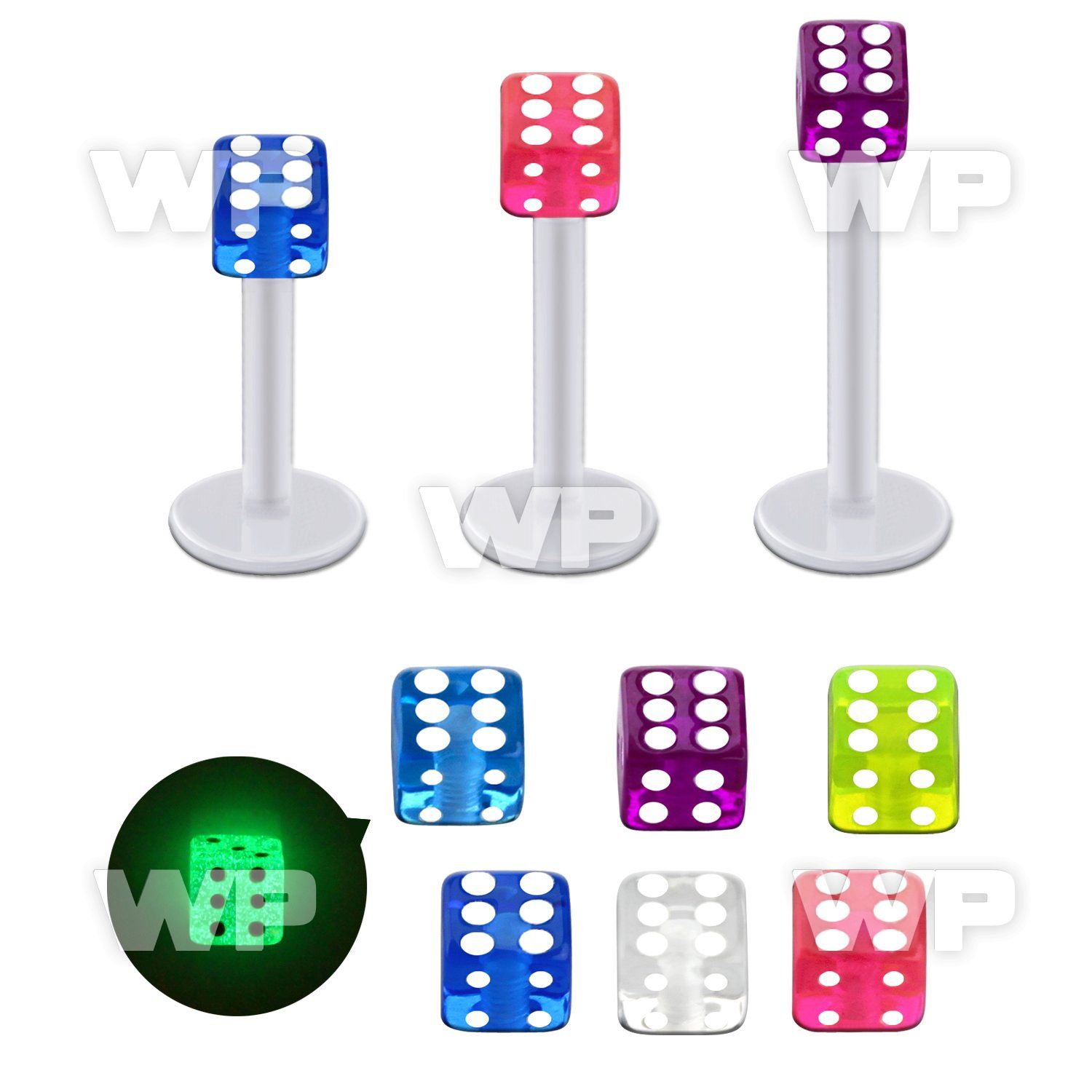 albgld4 bio  flex labret w 4mm glow in the dark acrylic dice
