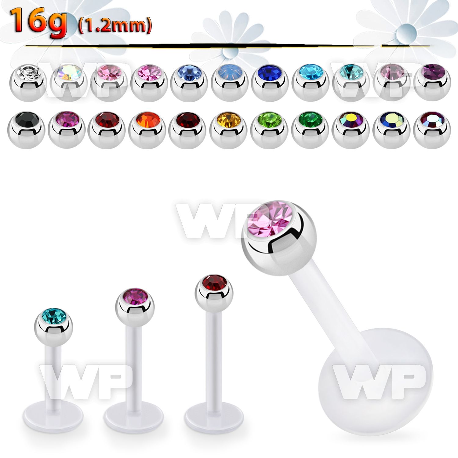 albjb3 bio  flex labret w 3mm steel balls w bezel set crystal
