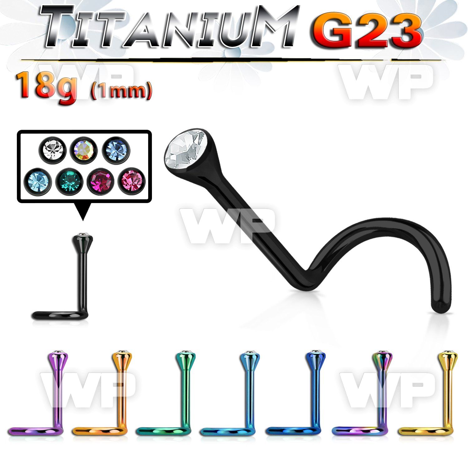 anodized titanium g23 nose screw, 18g w bezel set crystal