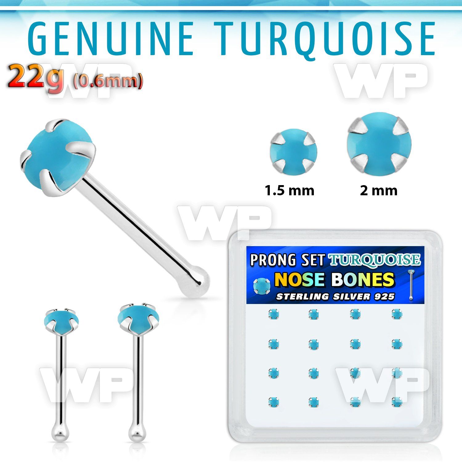 b16pge7 box w 16 silver nose bones w 2mm round turquoise stone