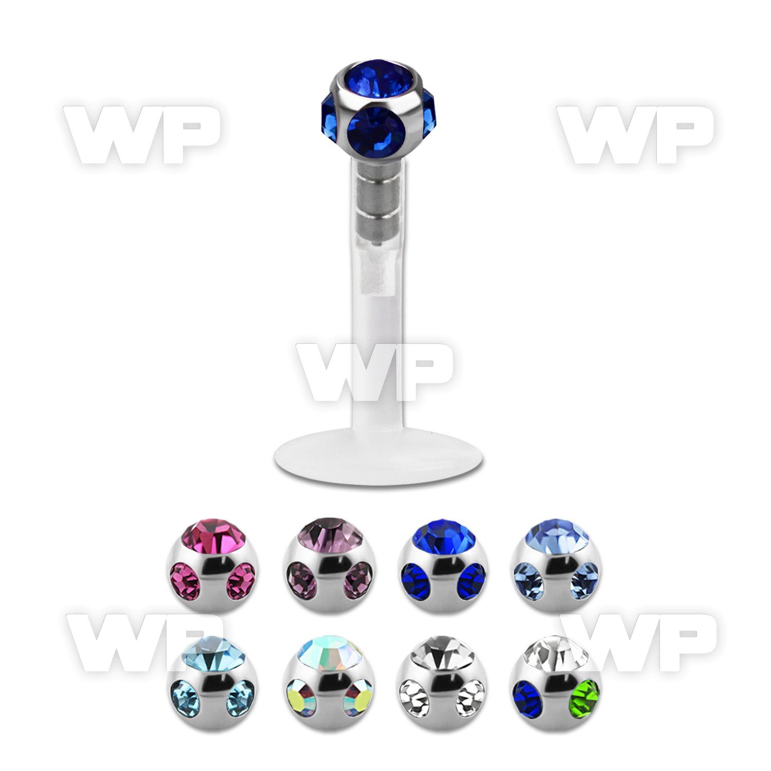 b4867 bio flex labret stud 1 2mm steel push in 3mm multi jewel lower lip piercing