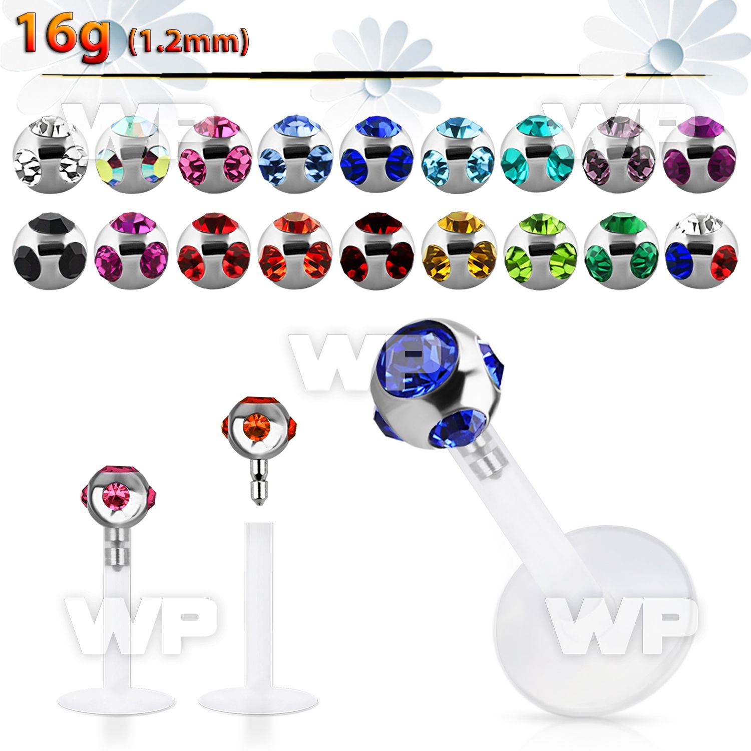 b4867 bio flex labret stud 1 2mm steel push in 3mm multi jewel lower lip piercing