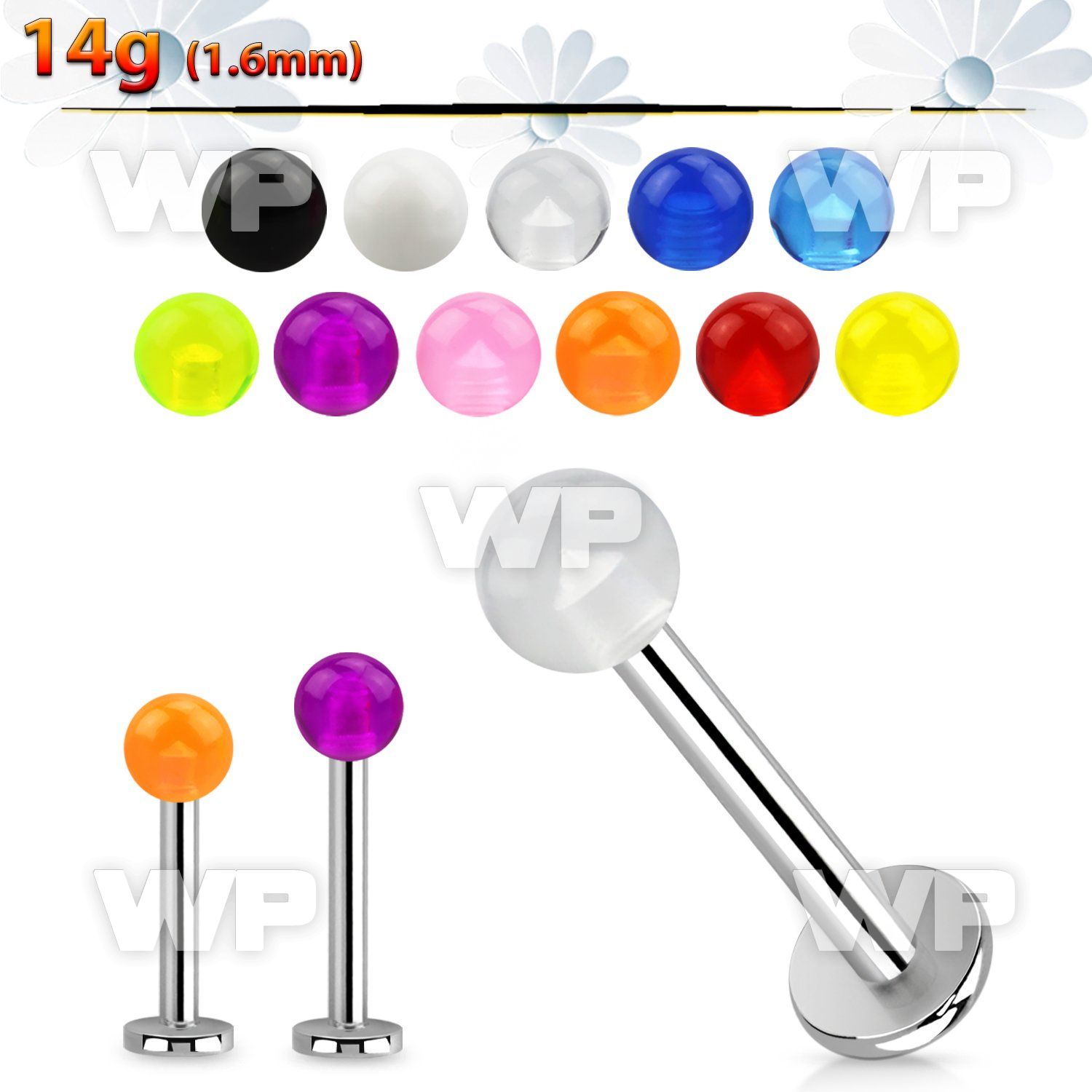 b4hq40 steel labret 14g pmma acrylic uv reactive ball