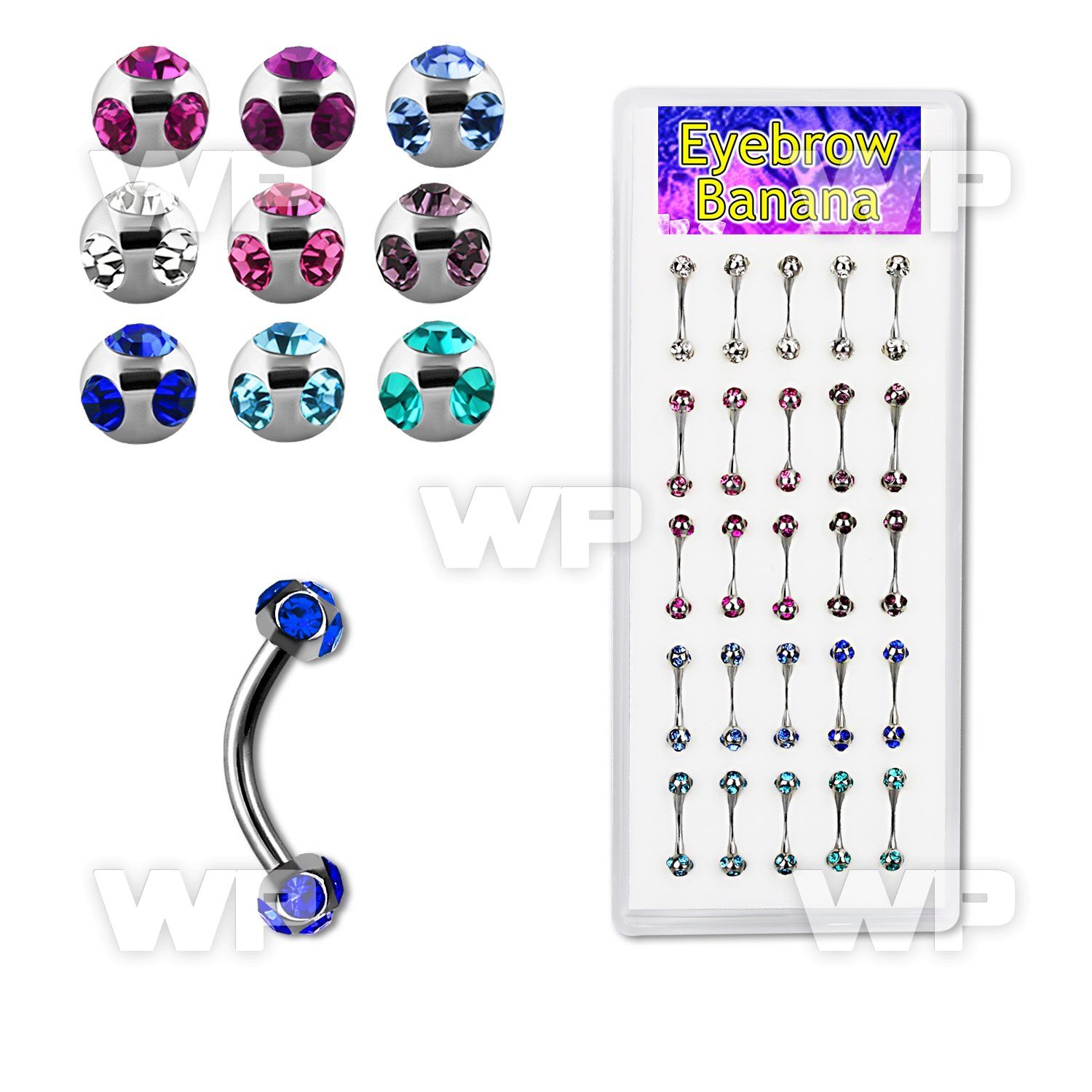 b4uw6z box w of micro bananas 1 2mm 3mm multi jewel balls8mm eyebrow piercing