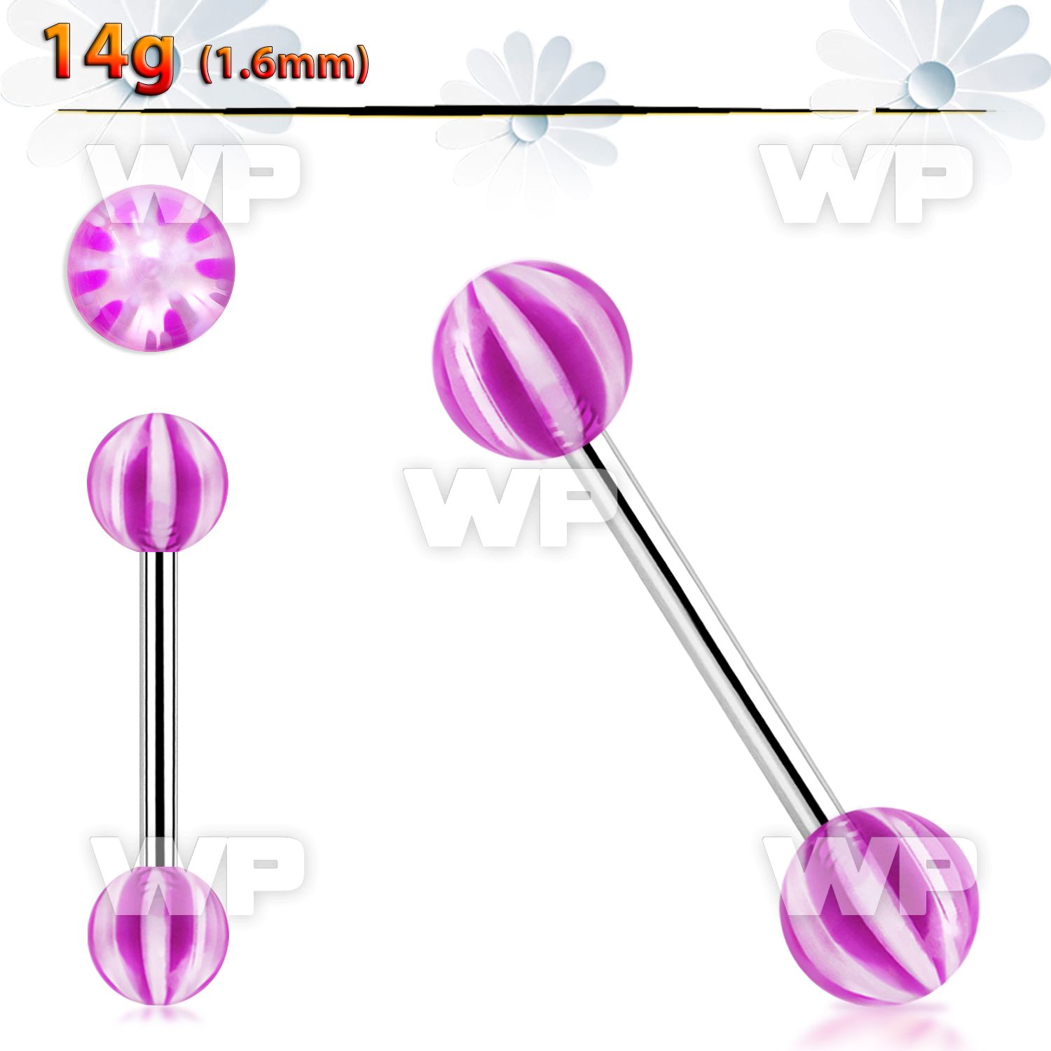 bbdxw steel tongue barbell w 6mm acrylic balls w star pattern