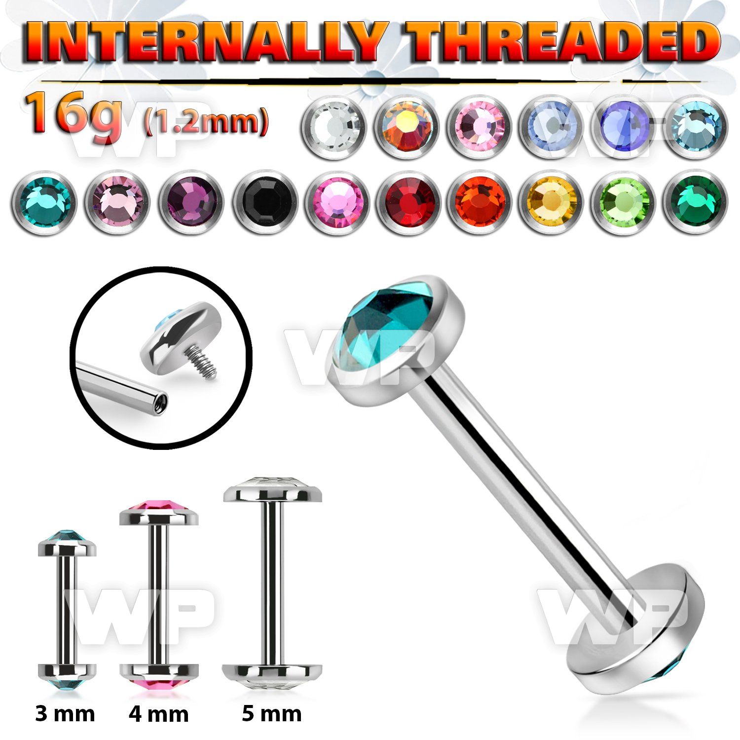bbe2fbin internally threaded steel barbel w flat back crystal