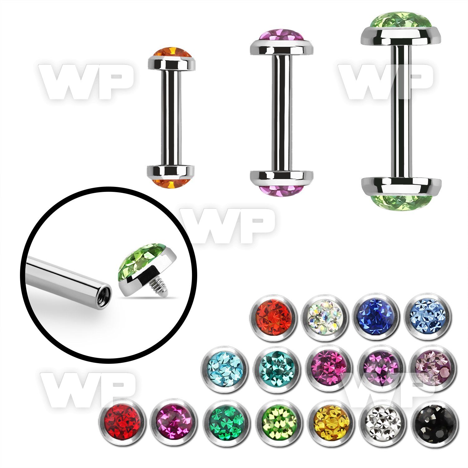 bbefrcin internally threaded steel barbel flat multi crystal top