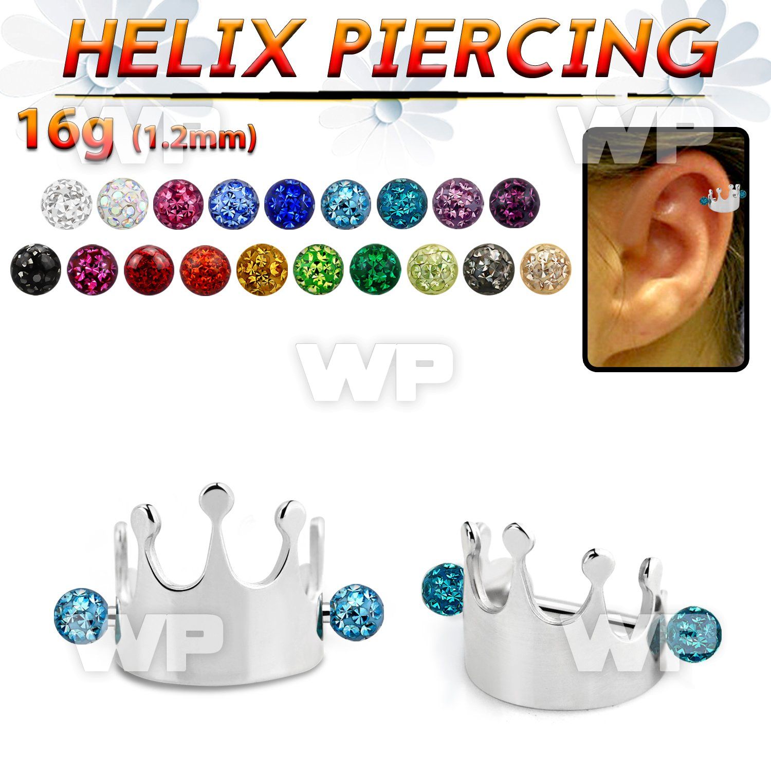 bber69 steel cartilage piercing crown w 2 multi crystal balls