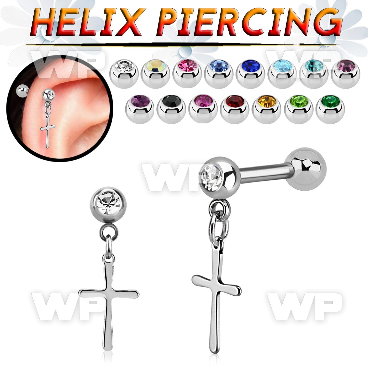bber75 steel helix barbell w jewel balls dangling plain cross