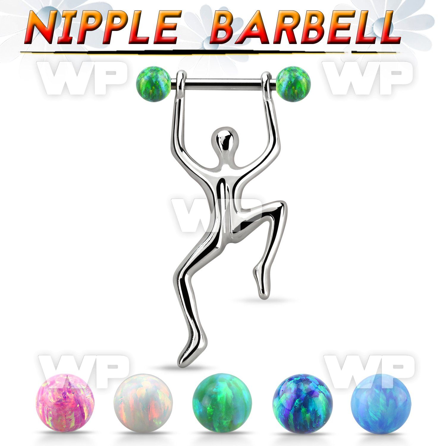 bbnpd13 316l steel nipple barbell w 5mm opal ball hanging man 