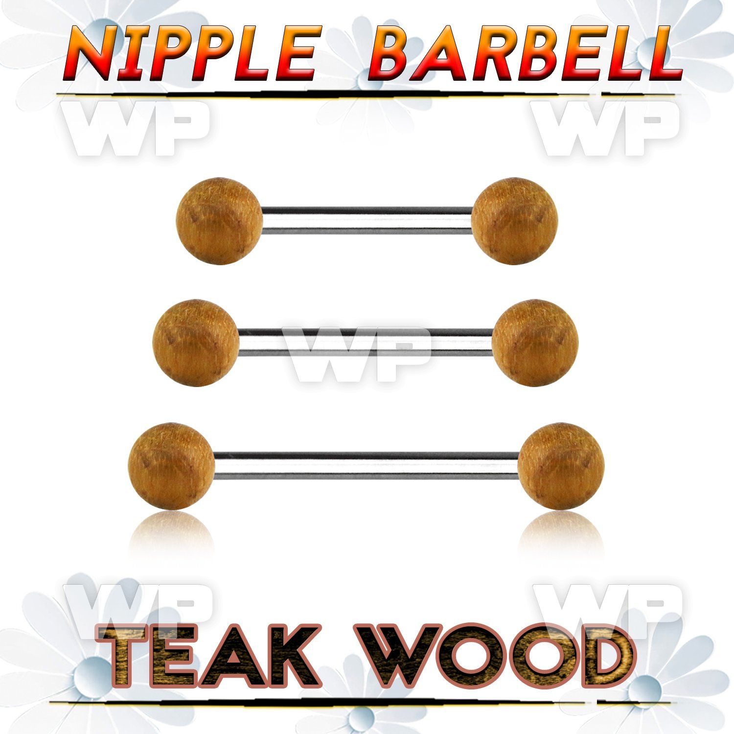 bbnpte5 organic nipple barbell w two 5mm teak wood balls