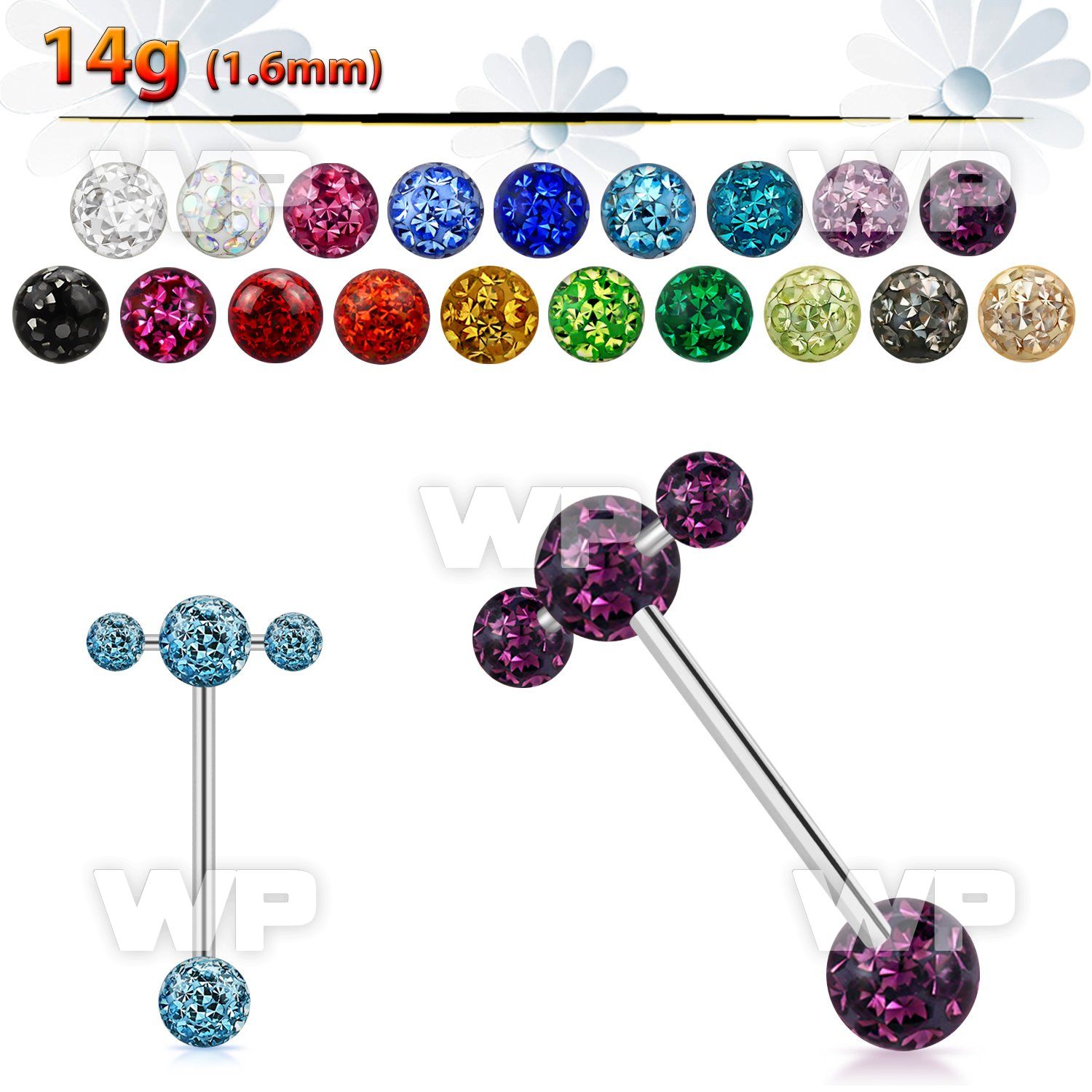 bbspnfr steel spinner tongue barbell w 2 3mm multi crystal balls