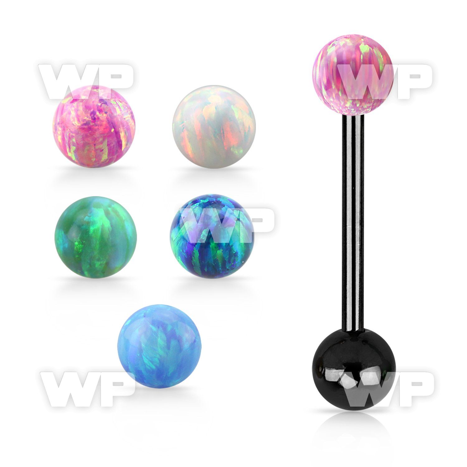 bbtop5 anodized 316l tongue barbell w a 5mm synthetic opal ball