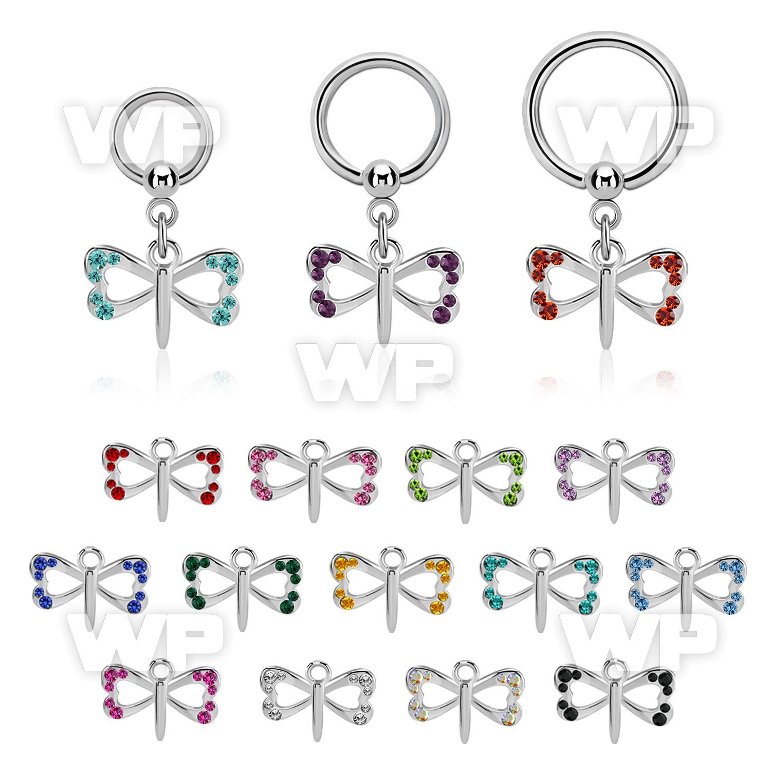 bcrg761 steel ball closure ring, 14g w dangling small butterfly