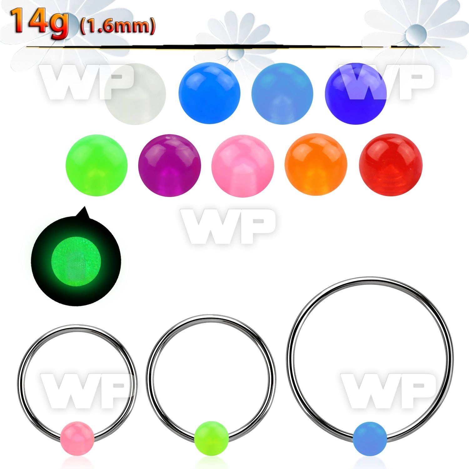 bcrgl5l xxl 316l steel bcr, 14g w 5mm glow in the dark ball