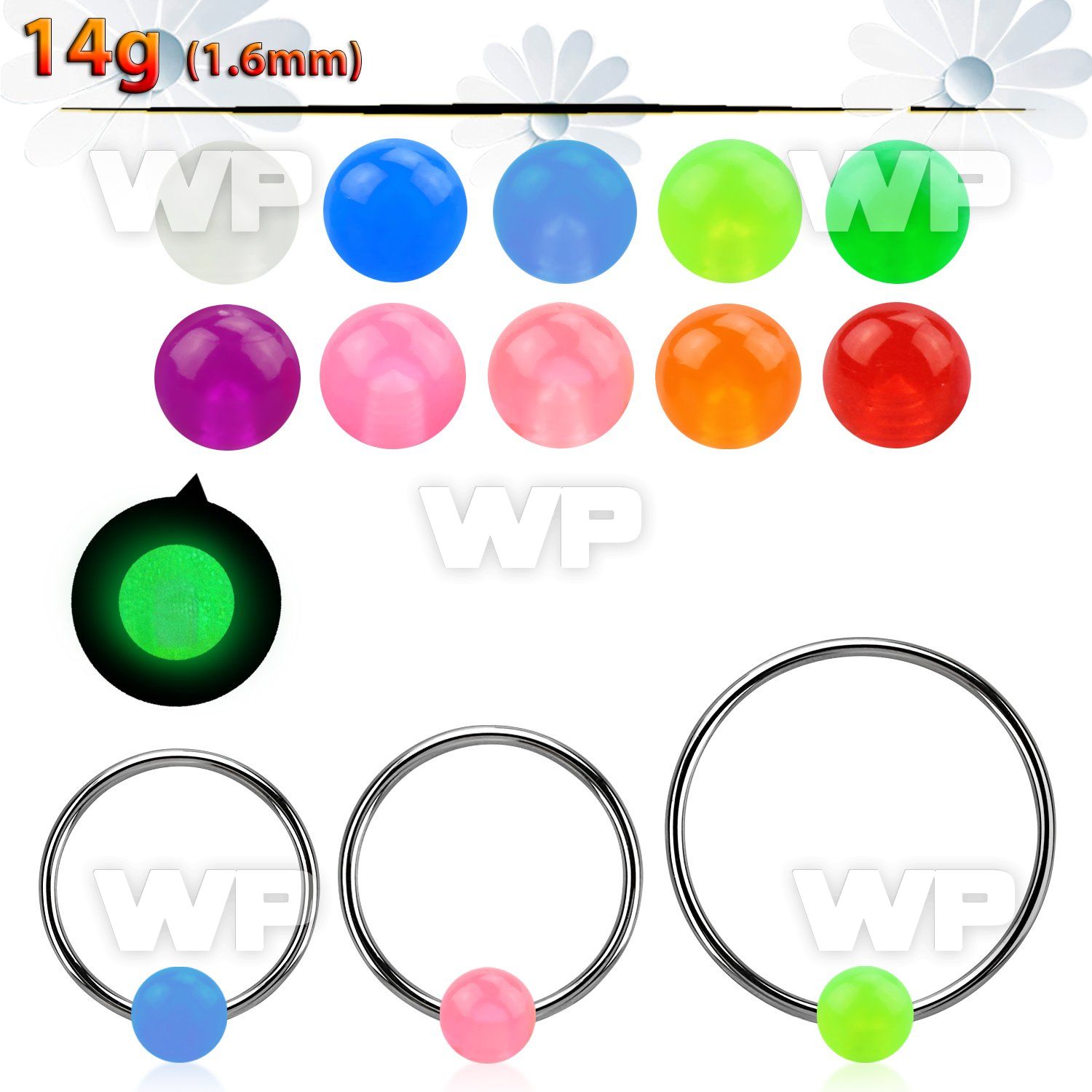 bcrgl6l xxl 316l steel bcr, 14g w 6mm glow in the dark ball