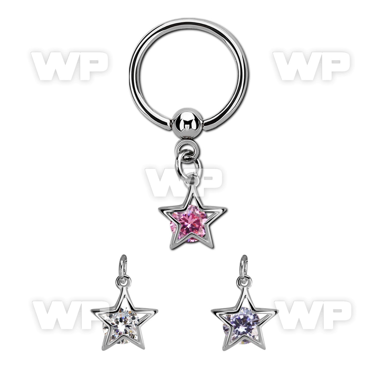 bcrsz414 steel ball closure ring w dangling star shape w round cz