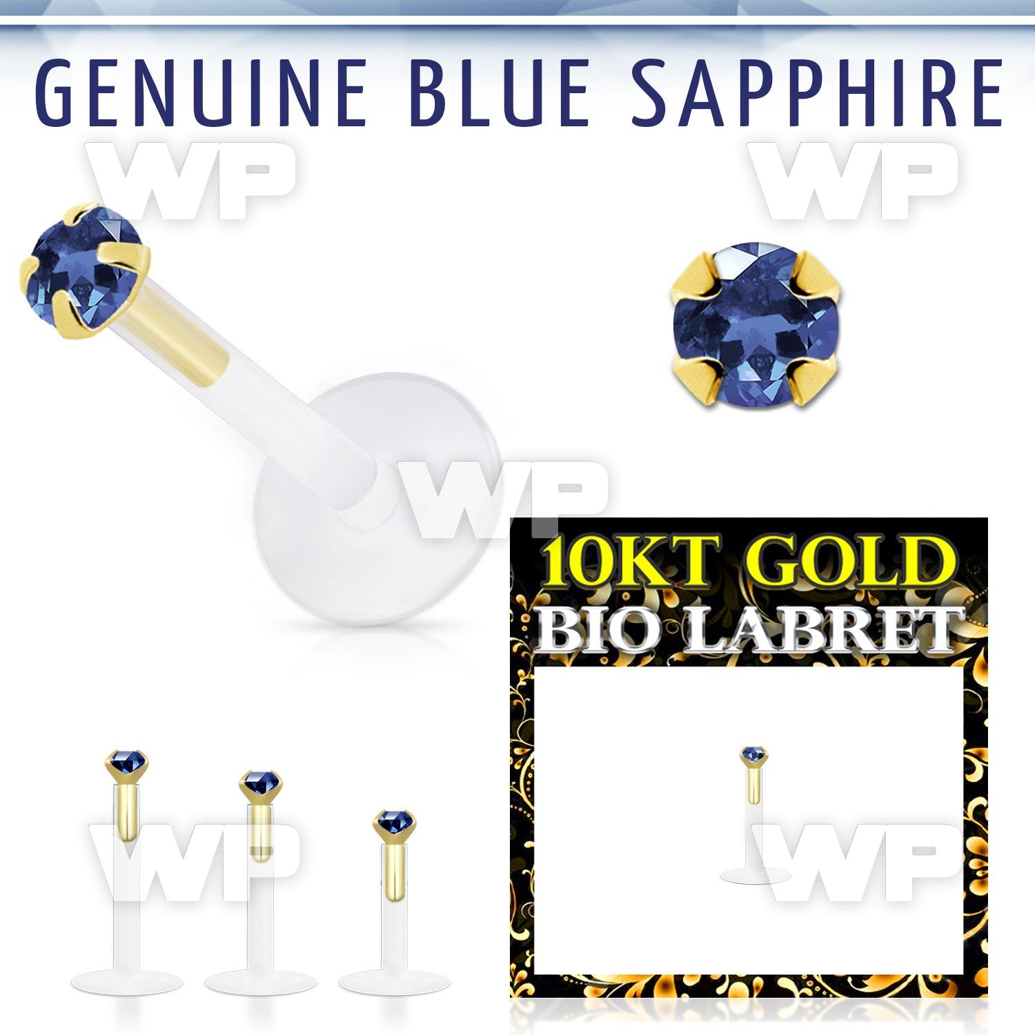 bioflex labret with 10kt gold w prong blue sapphire