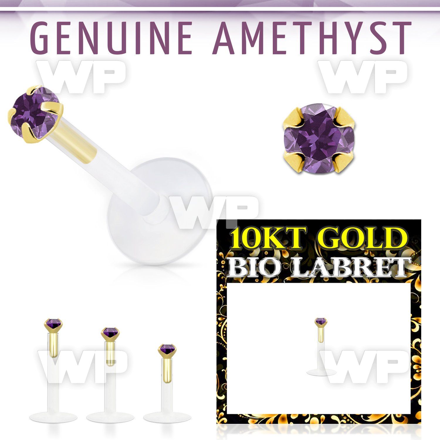 bioflex labret with push in 10kt gold w prong amethyst
