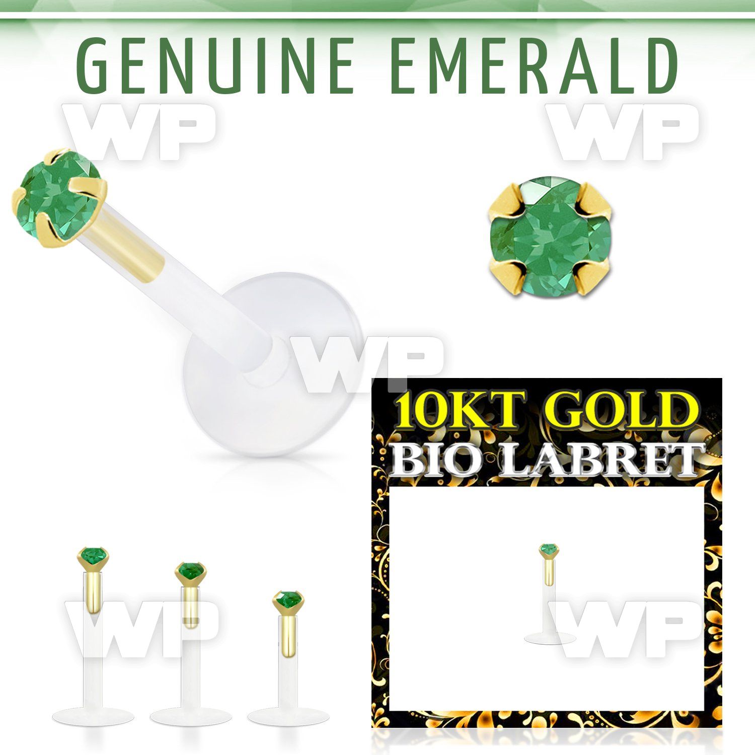 bioflex labret with push in 10kt gold w prong emerald