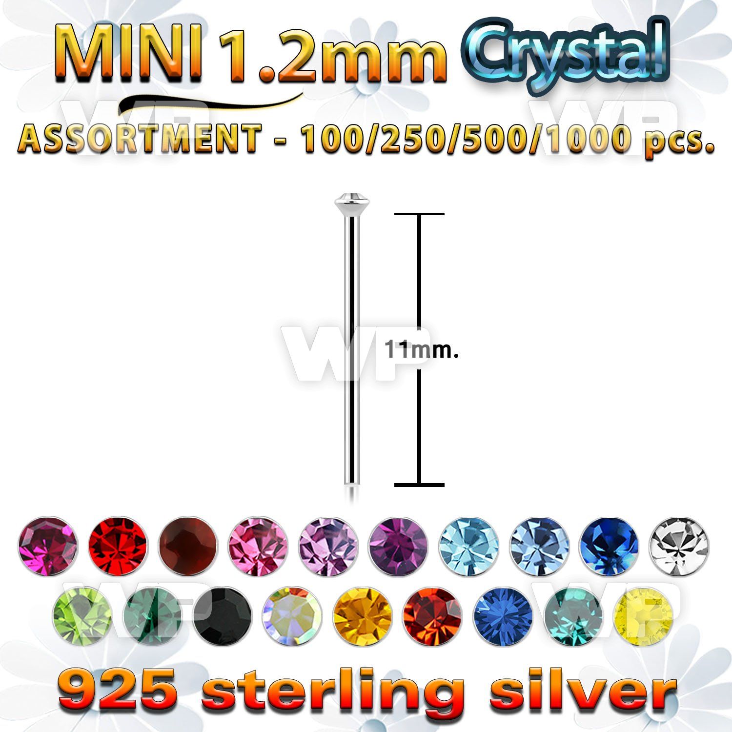 blk665 silver bend it nose stud bulk w mini 1.2mm crystal tops