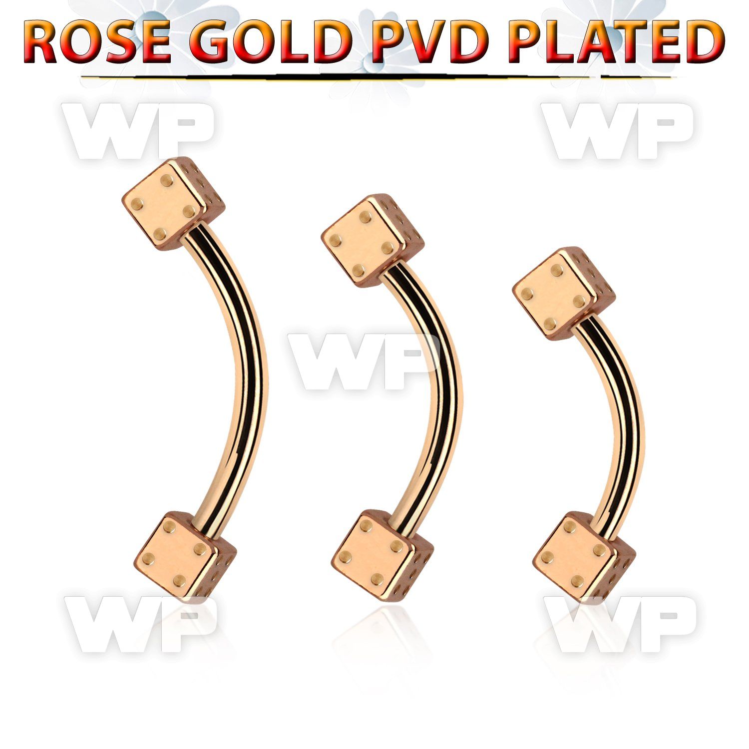 bnett2di rose gold steel eyebrow banana w 2 3mm dices