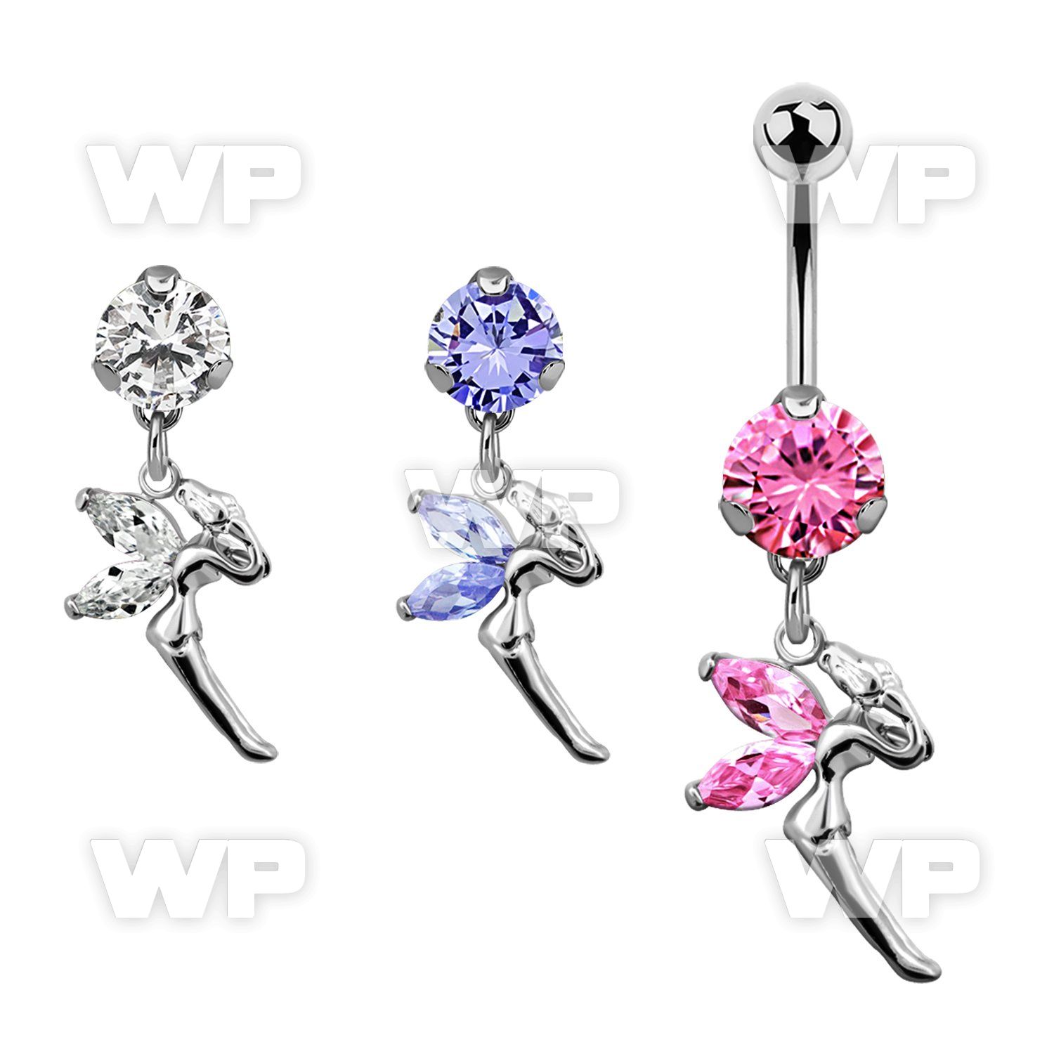 bnrz103 casted steel cz belly banana w fairy design w cz wings