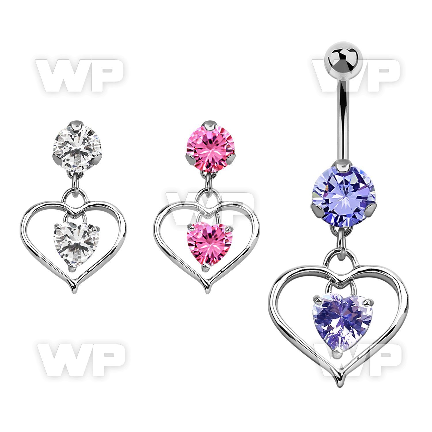 bnrz115 casted steel cz belly banana w heart w heart shaped cz