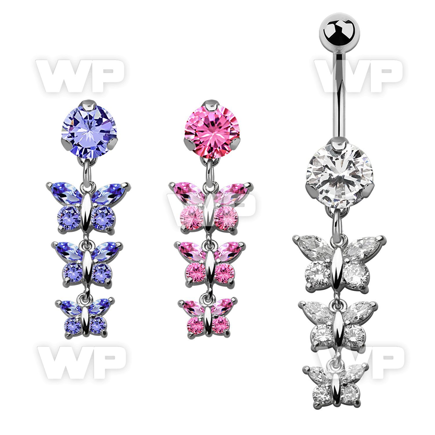 bnrz289 casted steel cz belly banana w chain of 3 cz butterflies