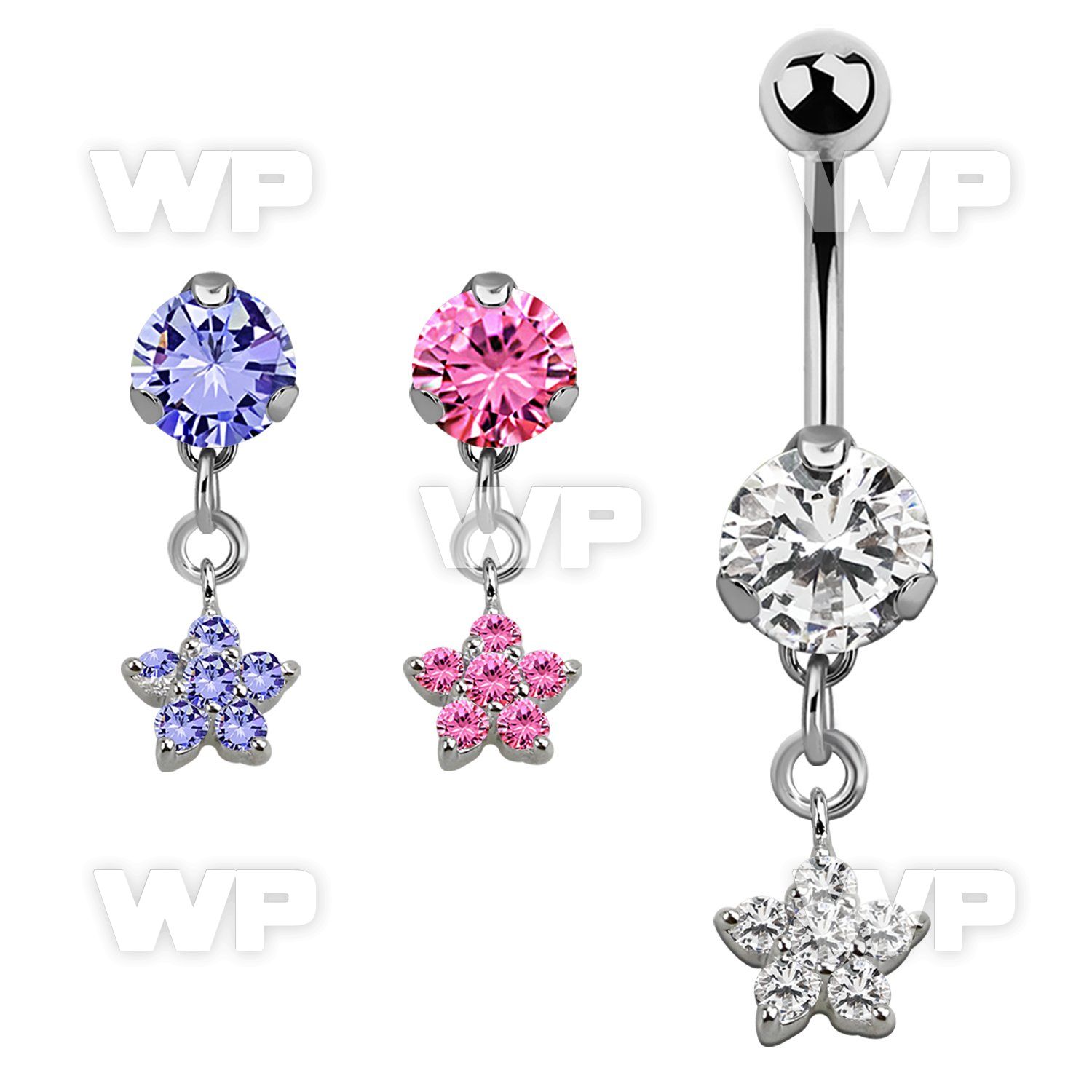 bnrz324 casted steel cz belly banana w dangling small cz flower