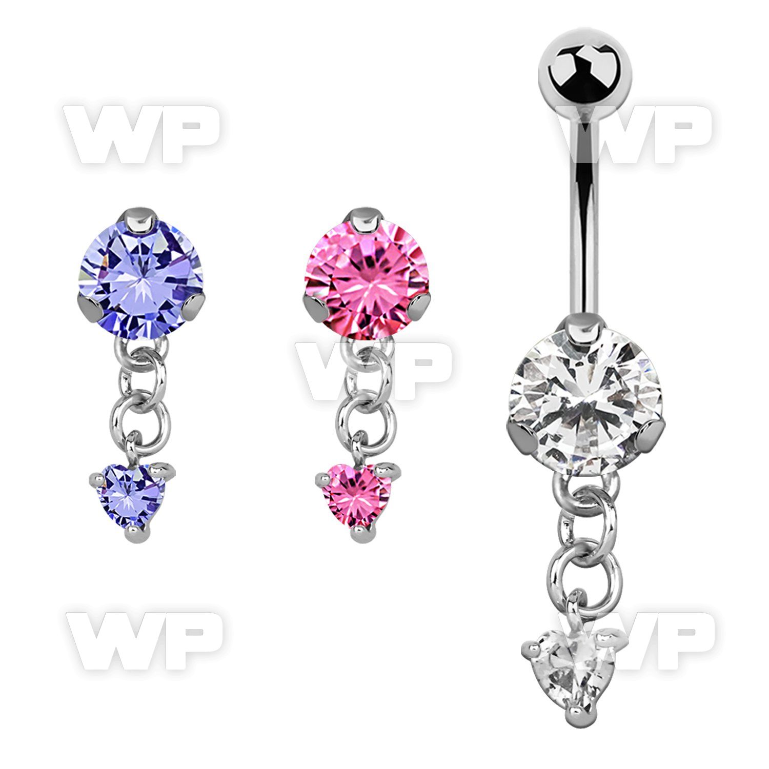 bnrz337 casted steel cz belly banana w dangling heart shaped cz