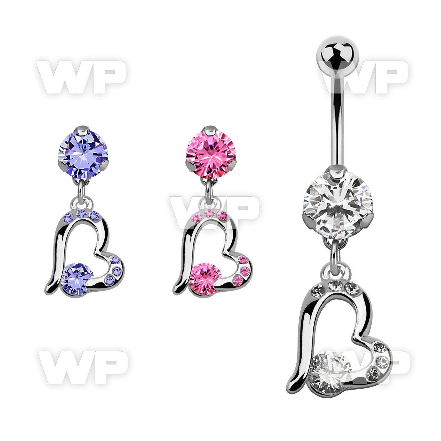 bnrz362 casted steel cz belly banana w heart w a prong set cz