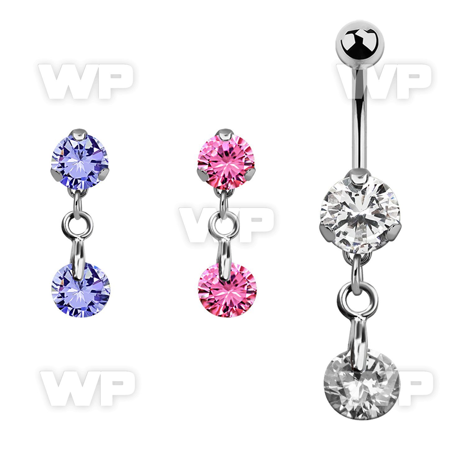 bnrz372 casted steel cz belly banana w dangling round cz stone