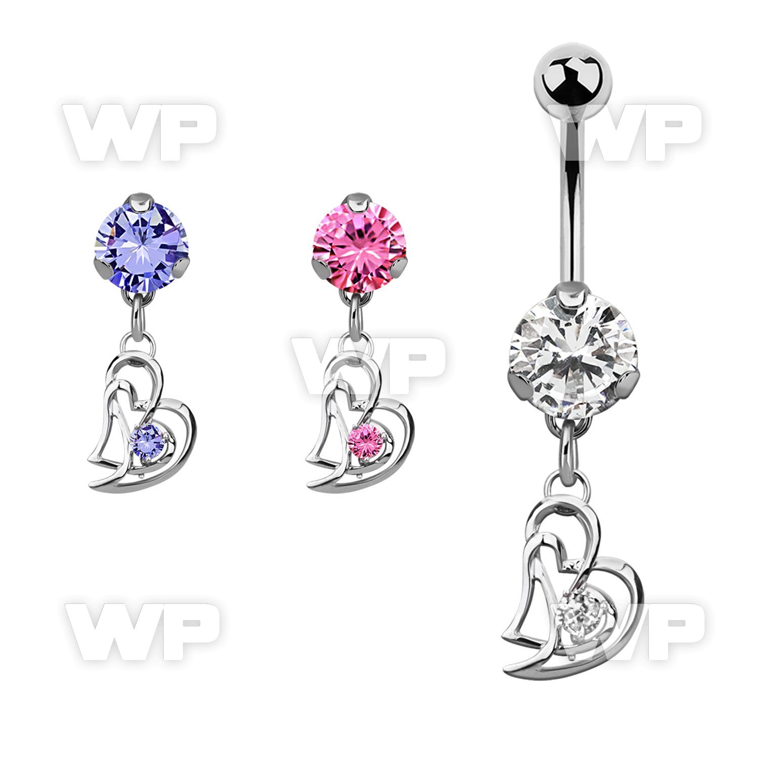 bnrz373 casted steel cz belly banana w double heart w round cz