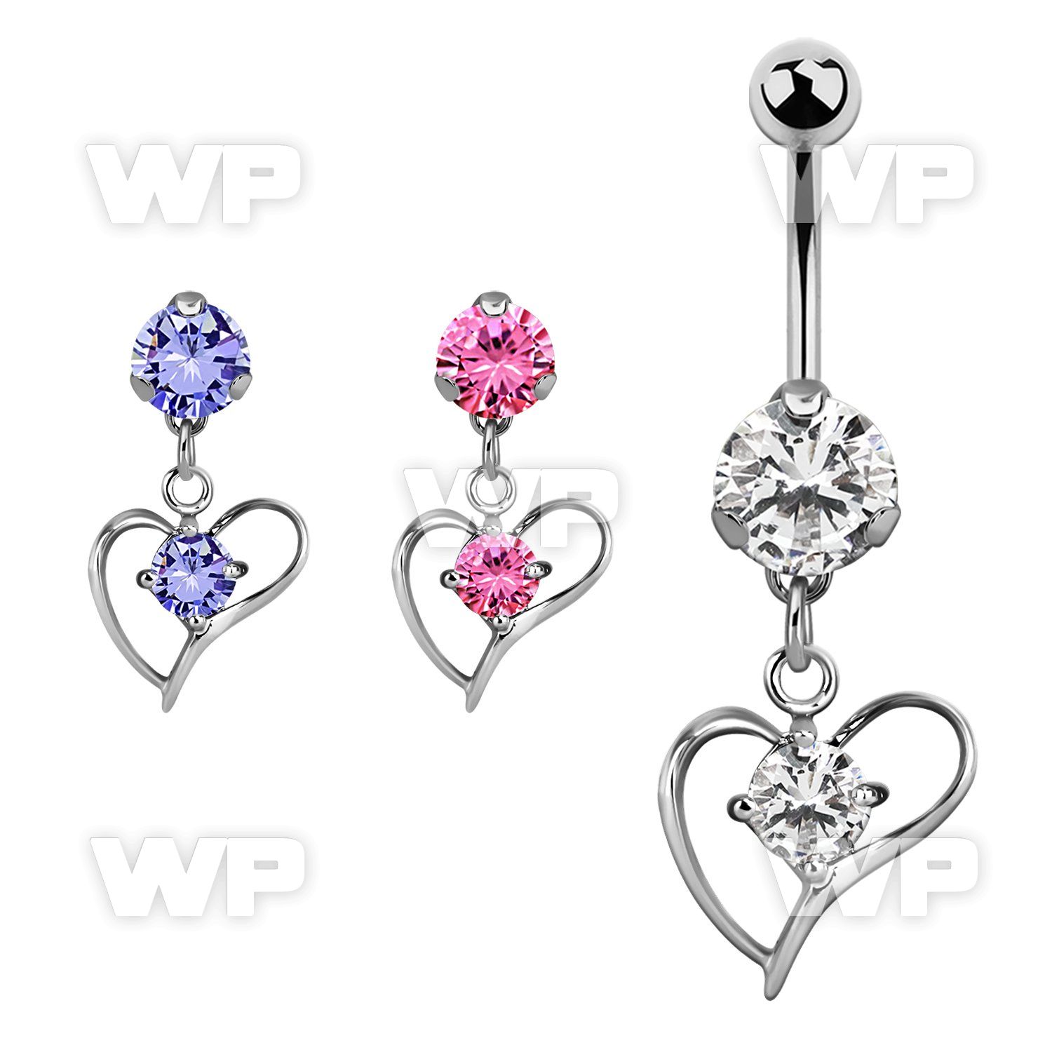 bnrz391 casted steel cz belly banana w heart w prong set cz 