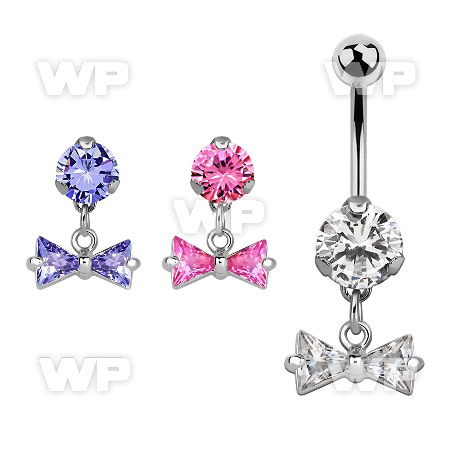 bnrz408 casted steel cz belly banana w dangling prong set cz bow