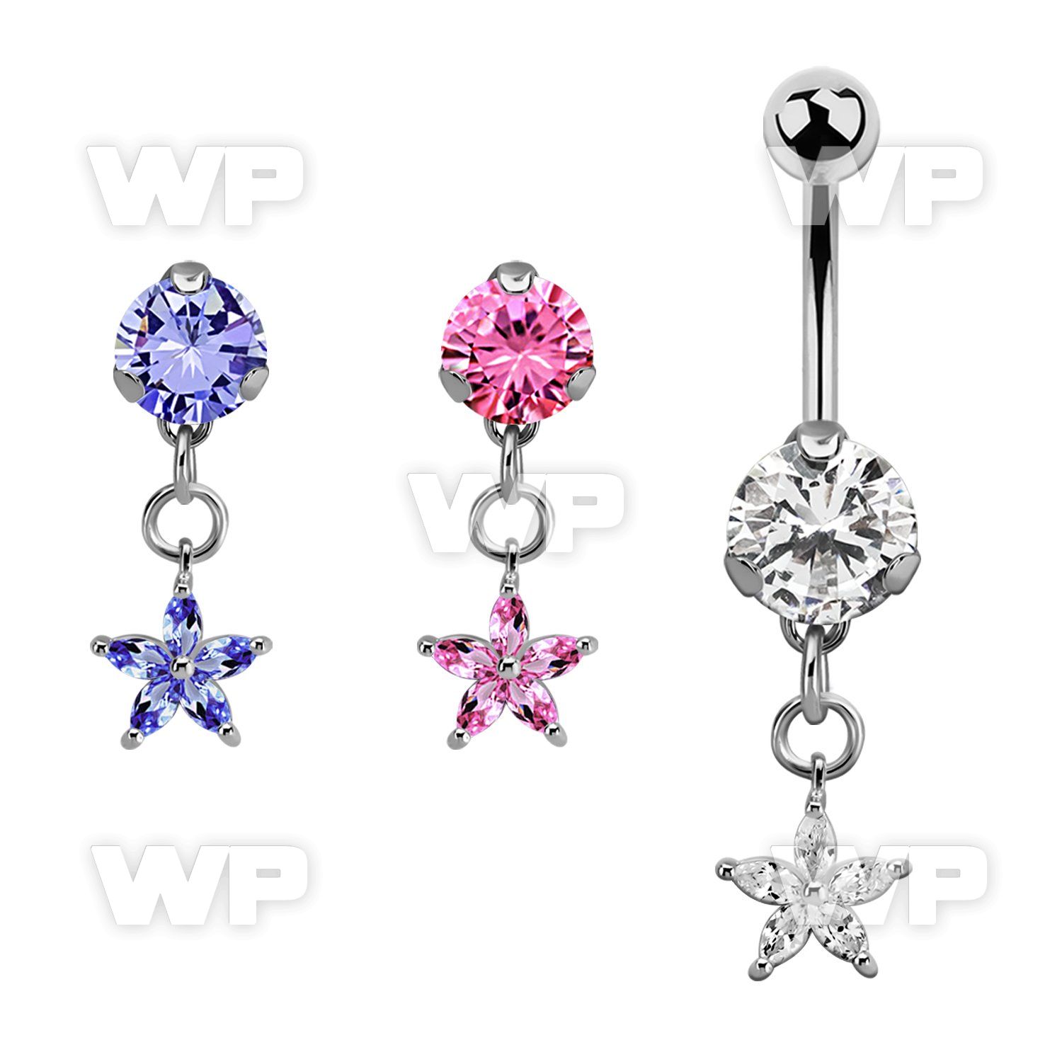 bnrz413 casted steel cz belly banana w flower shape prong set cz