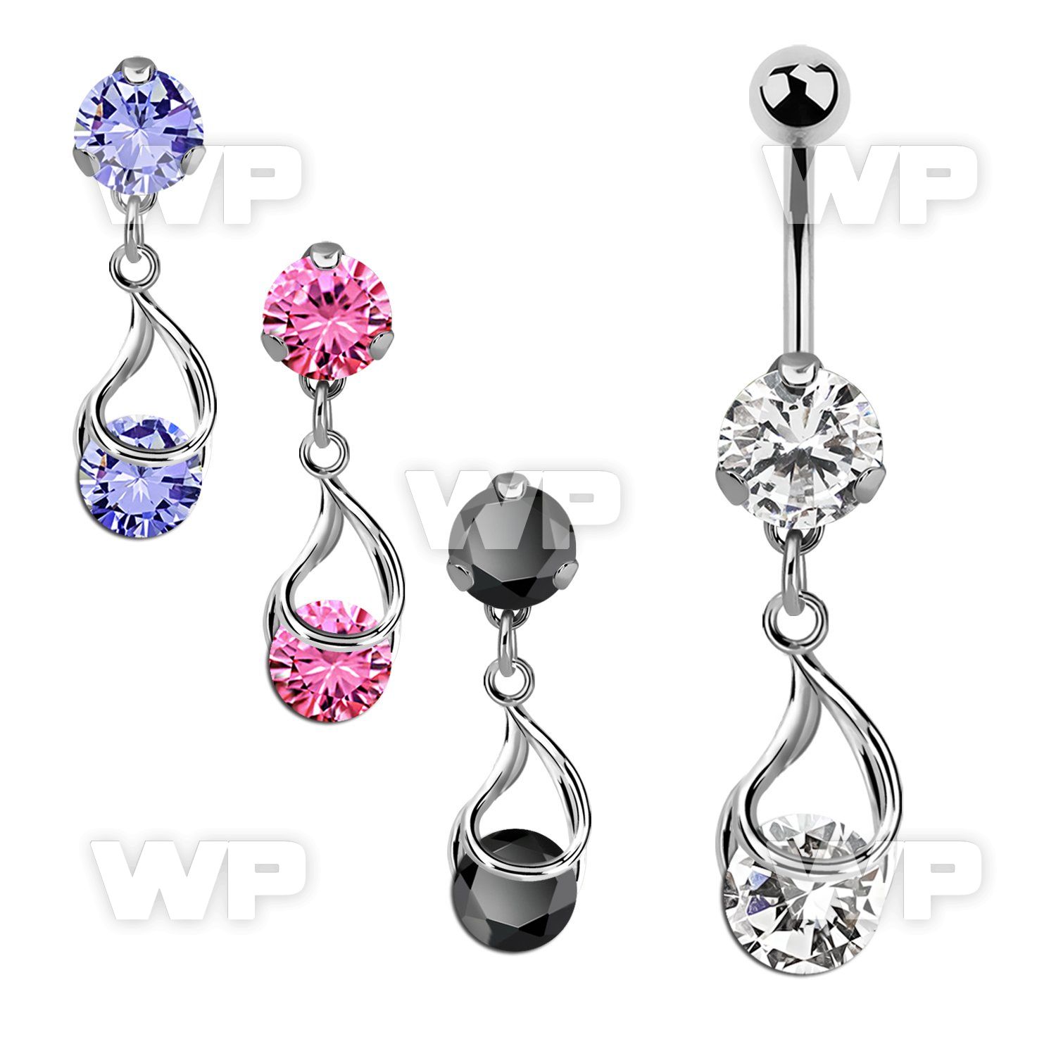 bnrz416 casted steel cz belly banana w snap fit cz stone 